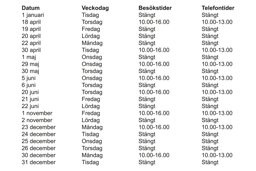 Lista över avvikande öppettider på hittegods